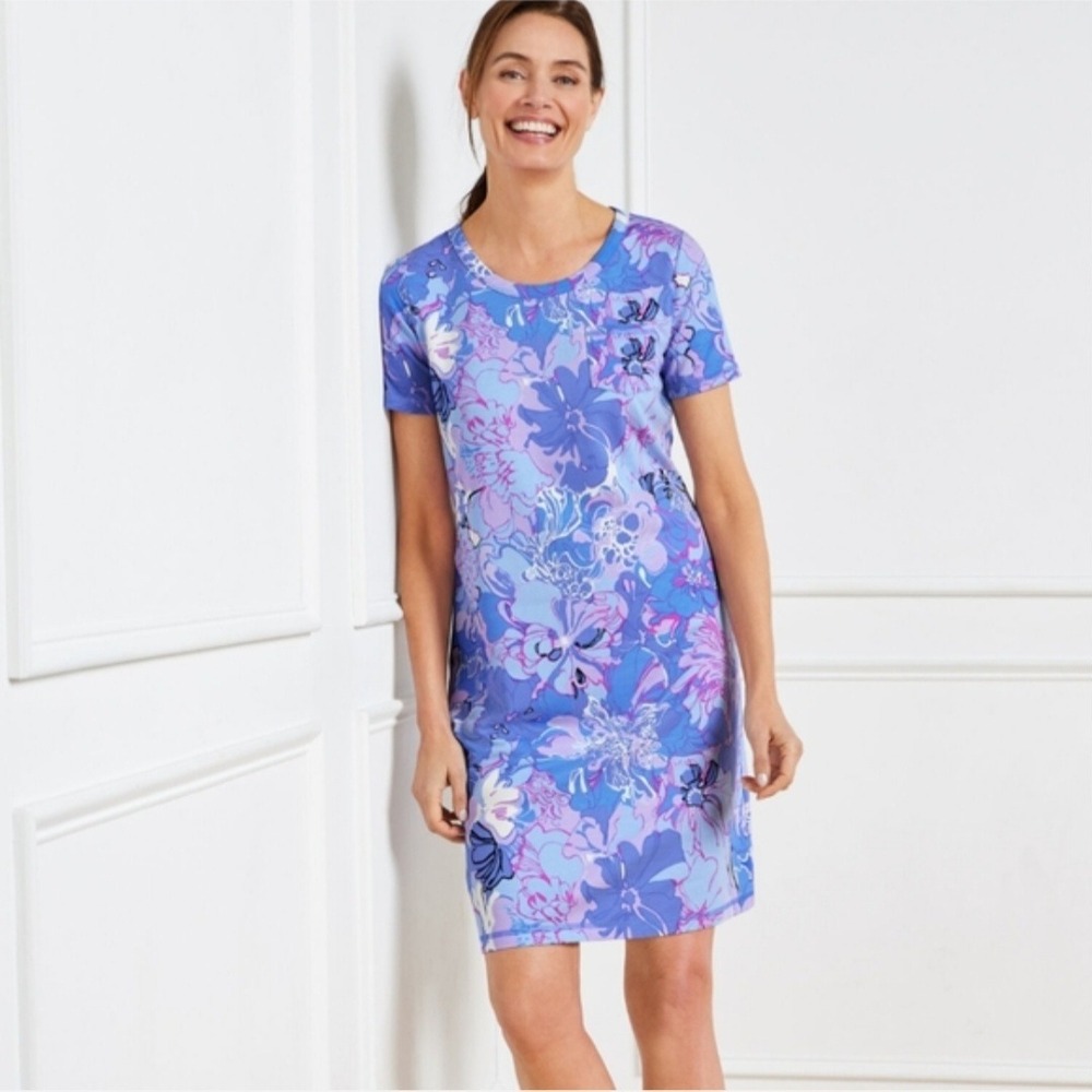 T by Talbots Petite Blue Purple Floral Cotton Modal T-Shirt Dress NWT P 374453